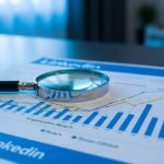 Lupa de vidrio sobre papel gráfico de marca LinkedIn colorido