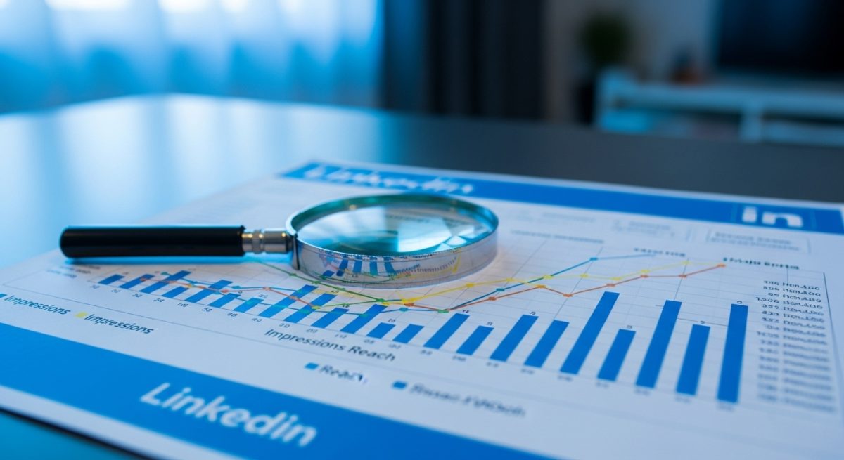 Lupa de vidrio sobre papel gráfico de marca LinkedIn colorido
