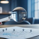 Lupa delgada con logo de LinkedIn sobre mapa en escritorio