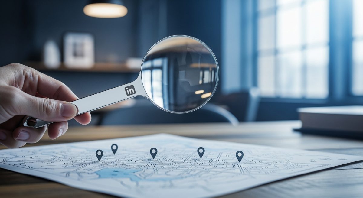 Lupa delgada con logo de LinkedIn sobre mapa en escritorio