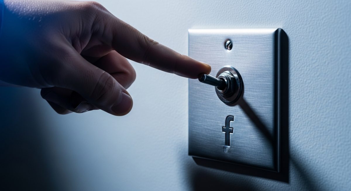 Mano a punto de apagar interruptor con logo minimalista de Facebook