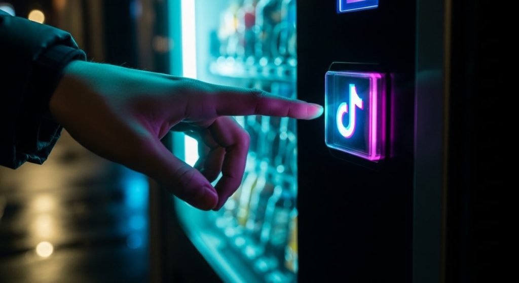 Mano alcanzando un botón con logo de TikTok en expendedor