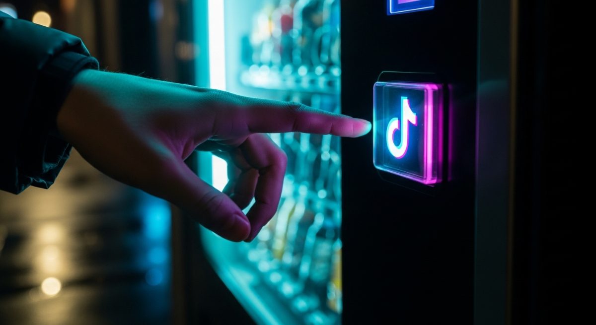 Mano alcanzando un botón con logo de TikTok en expendedor