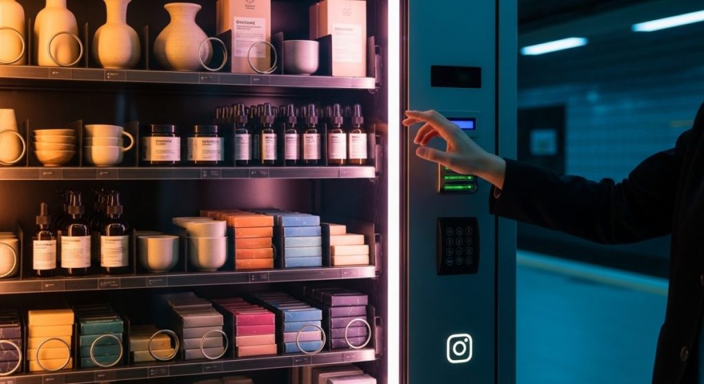 Mano alcanzando una máquina expendedora de productos artesanales