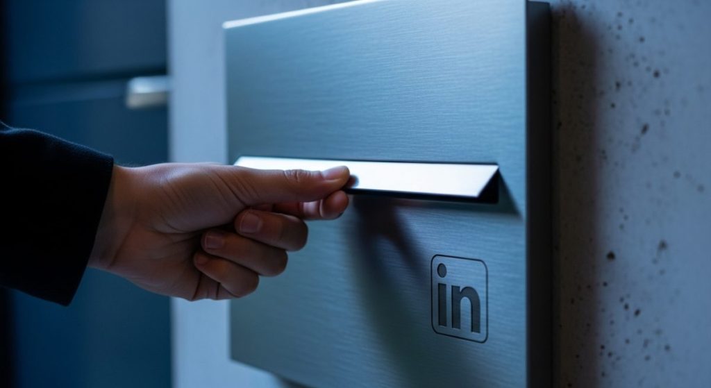 Mano cerrando una caja de correo con logo de LinkedIn