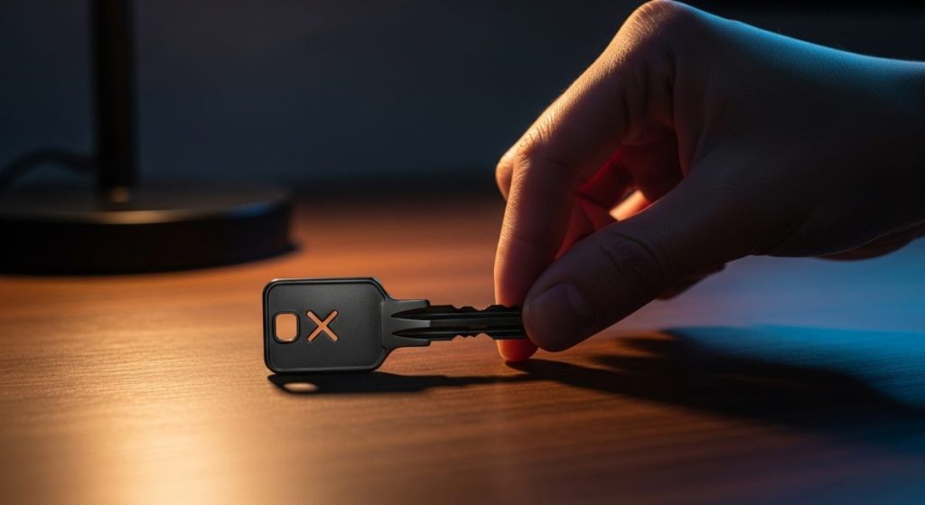 Mano coloca llave negra metálica con logo X sobre madera