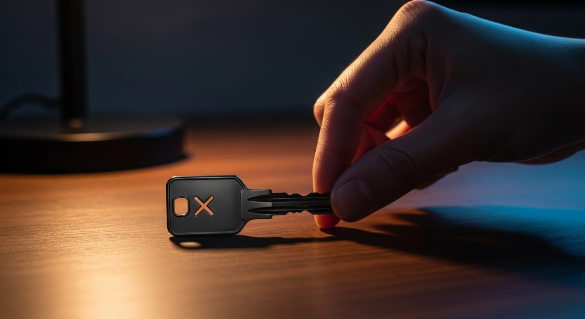 Mano coloca llave negra metálica con logo X sobre madera