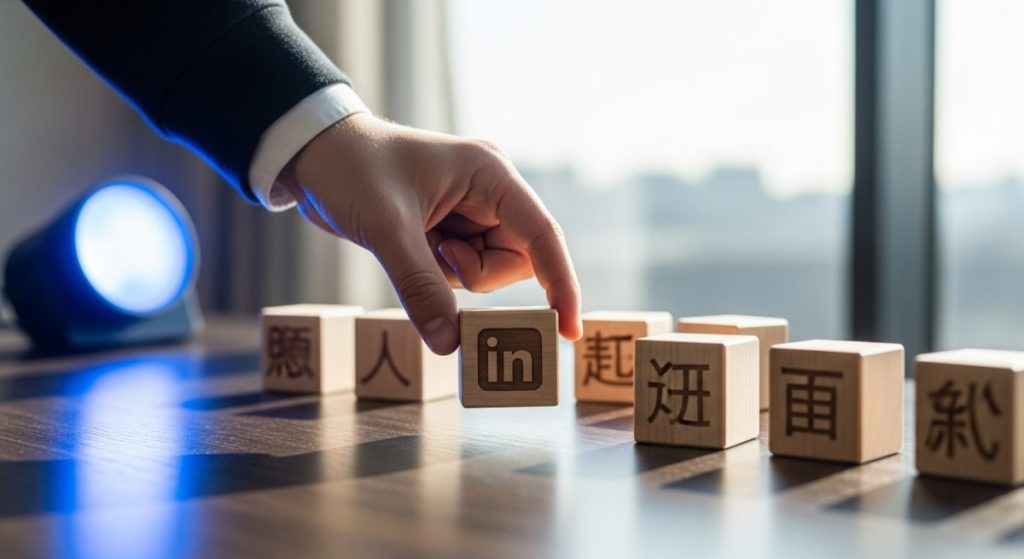 Mano colocando bloque de madera con logo de LinkedIn