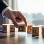 Mano colocando bloque de madera con logo de LinkedIn