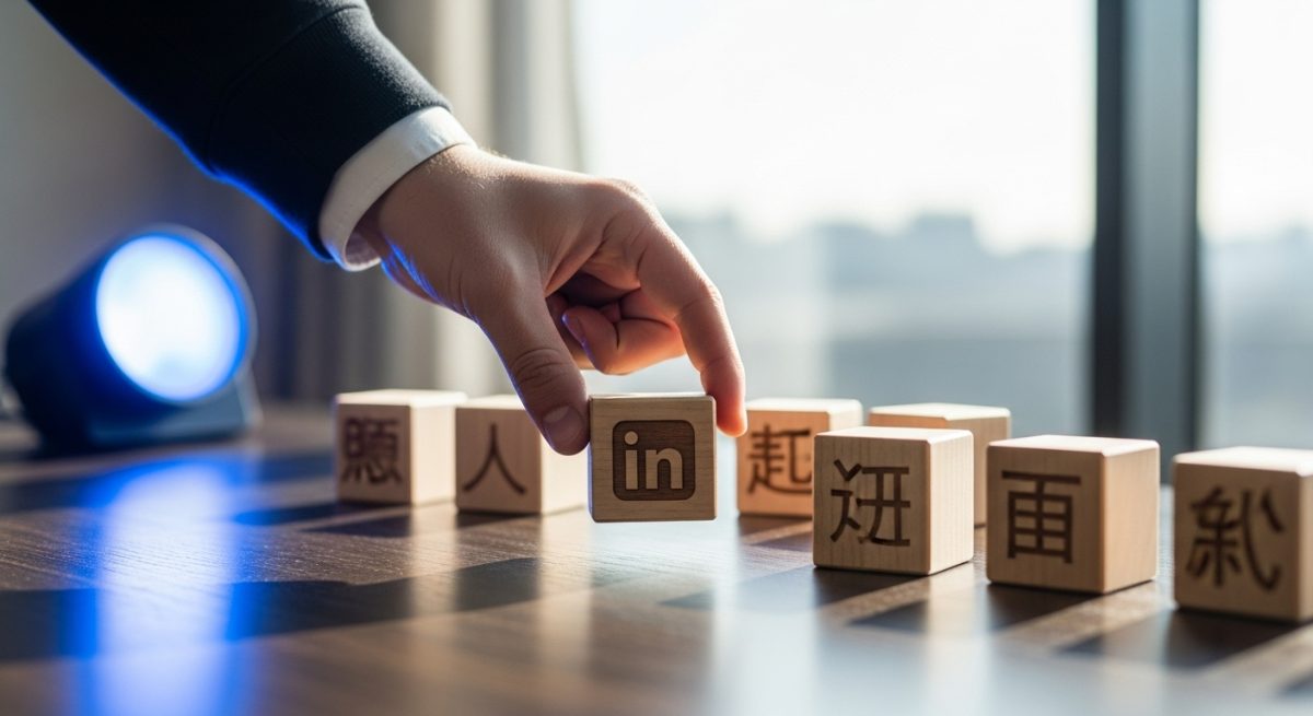 Mano colocando bloque de madera con logo de LinkedIn 