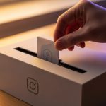 Mano colocando papel en caja con logo de Instagram en oficina