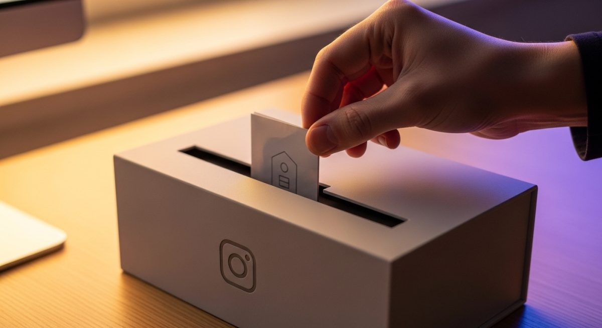 Mano colocando papel en caja con logo de Instagram en oficina