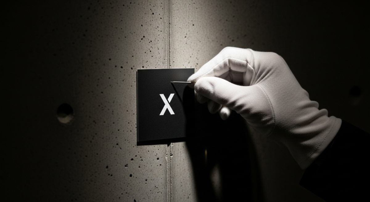 Mano con guante blanco colocando tarjeta negra con logo X