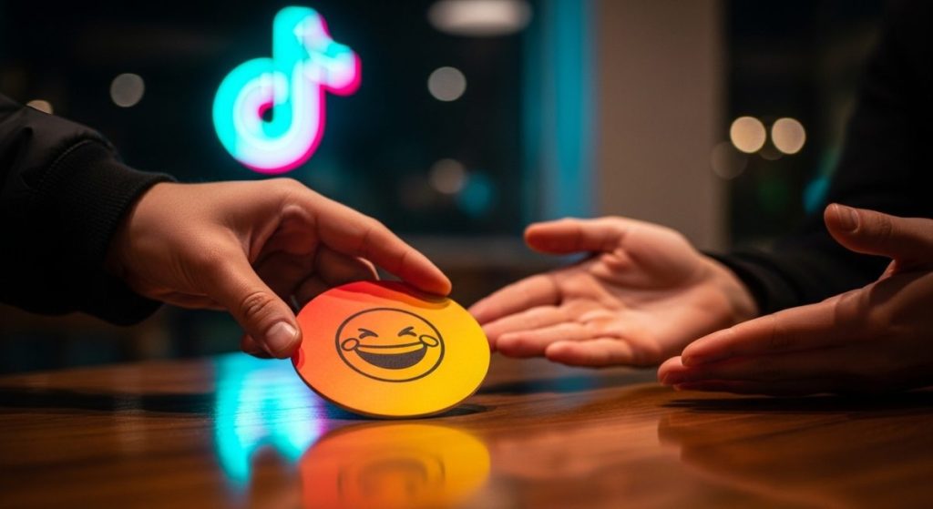Mano deslizándose sobre posavasos colorido con icono de cara risueña y logo de TikTok