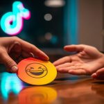 Mano deslizándose sobre posavasos colorido con icono de cara risueña y logo de TikTok