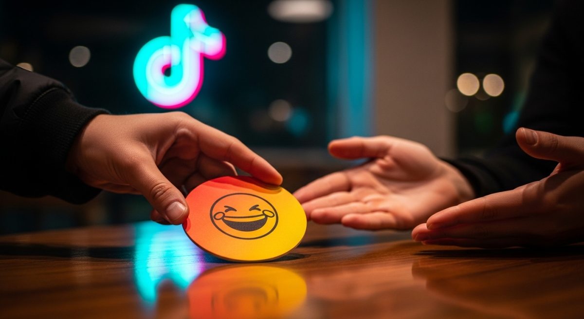Mano deslizándose sobre posavasos colorido con icono de cara risueña y logo de TikTok