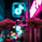 Mano entregando fotografía instantánea en calle vibrante de noche