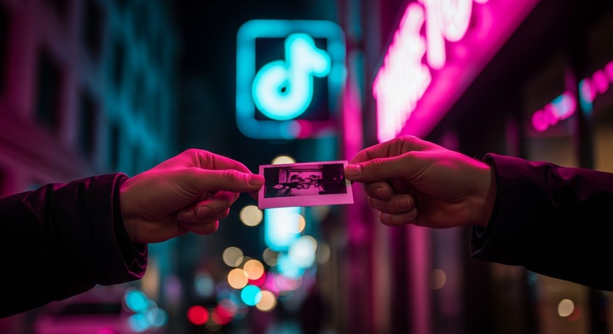 Mano entregando fotografía instantánea en calle vibrante de noche