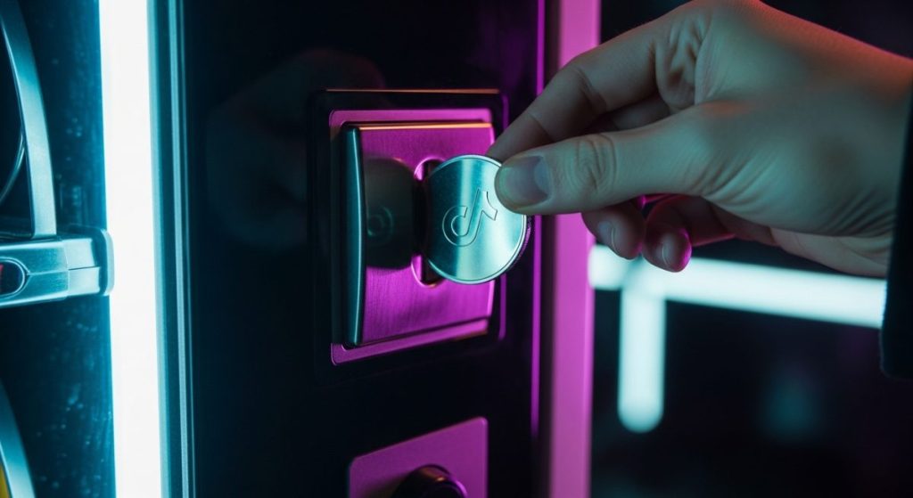 Mano insertando moneda con logo de TikTok en máquina expendedora