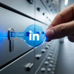 Mano insertando una llave acrílica azul con logo de Linkedin en panel de metal