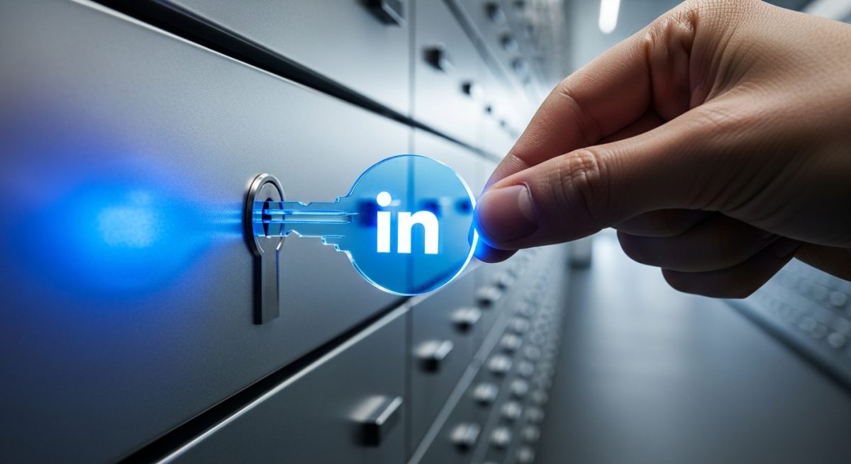 Mano insertando una llave acrílica azul con logo de Linkedin en panel de metal