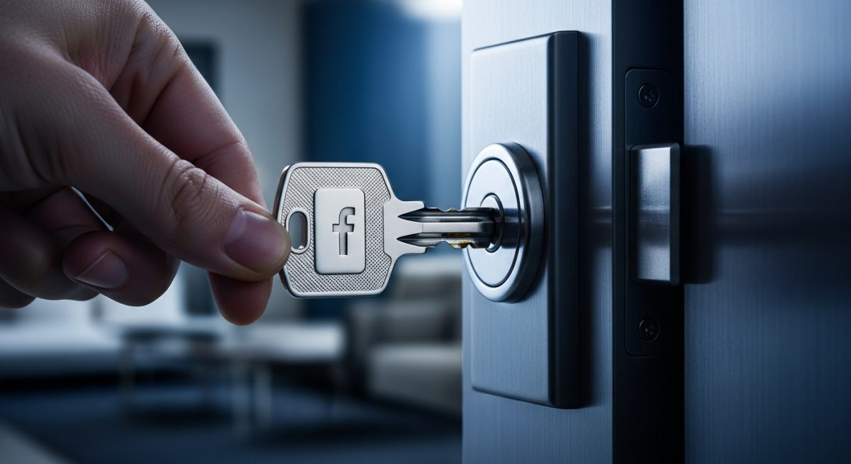 Mano insertando una llave con logo de Facebook en cerradura moderna