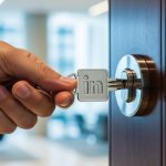 Mano insertando una llave metálica con logo de LinkedIn en cerradura
