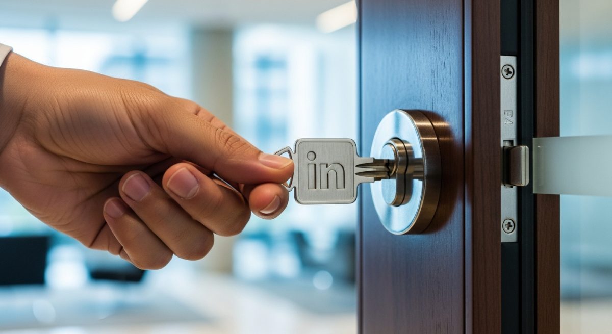 Mano insertando una llave metálica con logo de LinkedIn en cerradura
