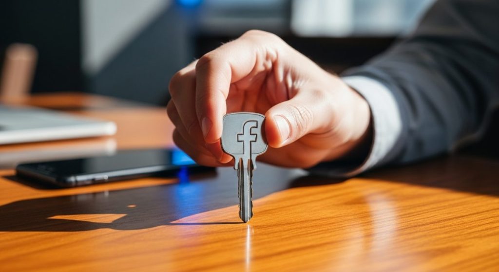 Mano levantando una llave metálica con diseño de logo de Facebook