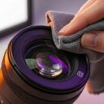 Mano limpiando lente profesional con logo Instagram en estudio moderno
