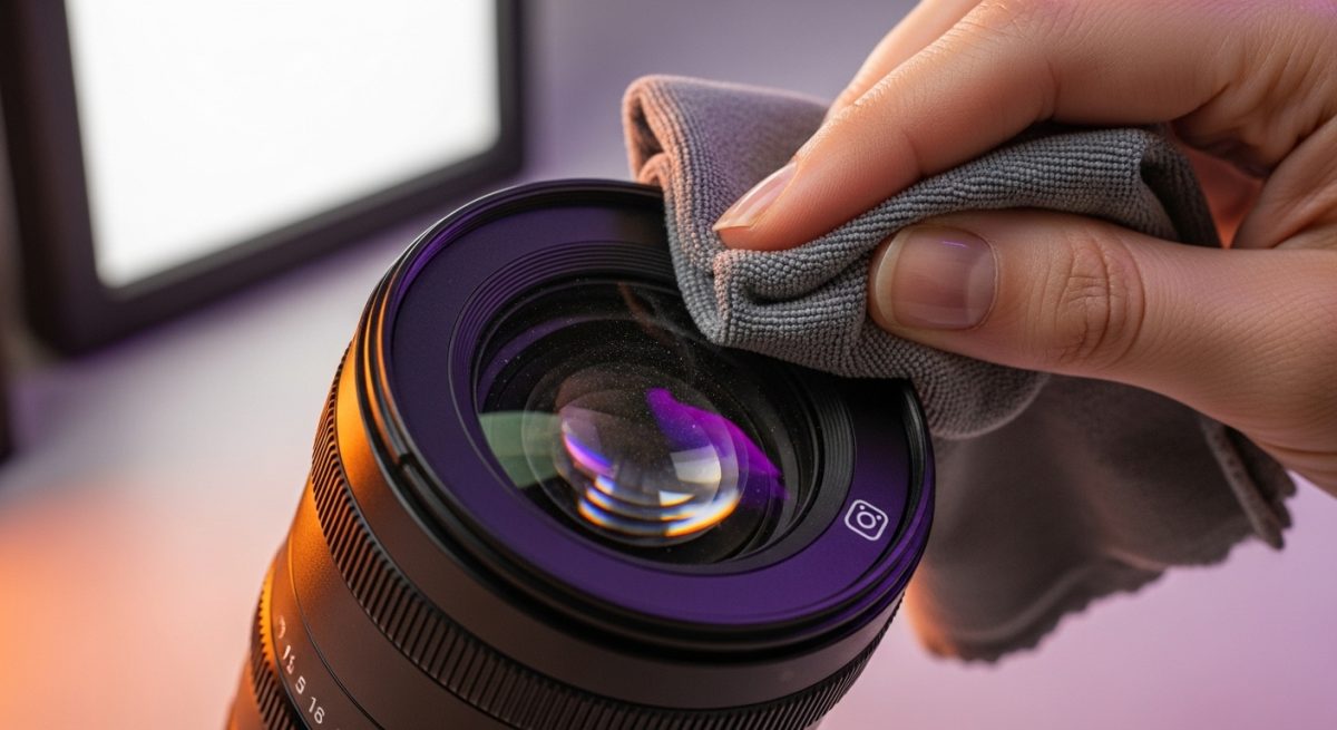 Mano limpiando lente profesional con logo Instagram en estudio moderno