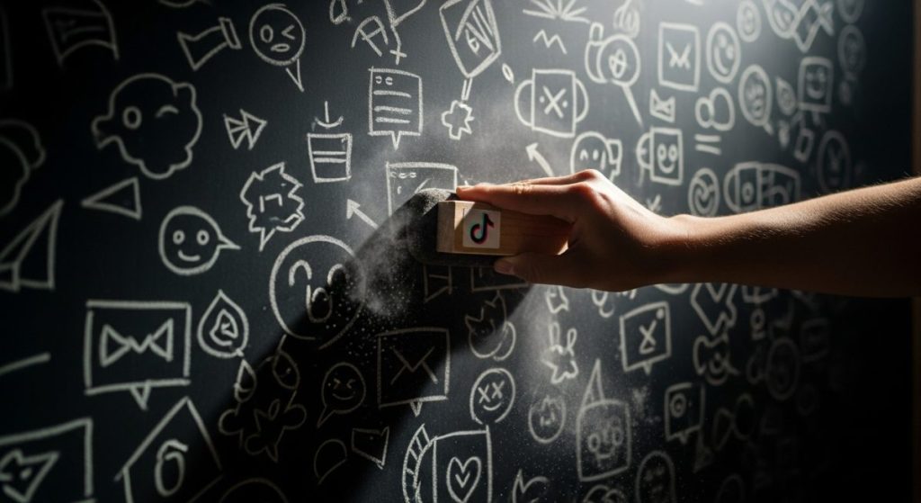 Mano limpiando una pizarra con borrador y logo de TikTok