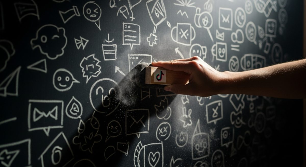 Mano limpiando una pizarra con borrador y logo de TikTok