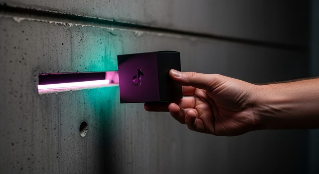 Mano recibiendo paquete negro con logo de TikTok en pared de hormigón