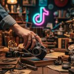 Mano recogiendo una cámara vintage en un mercado de antigüedades