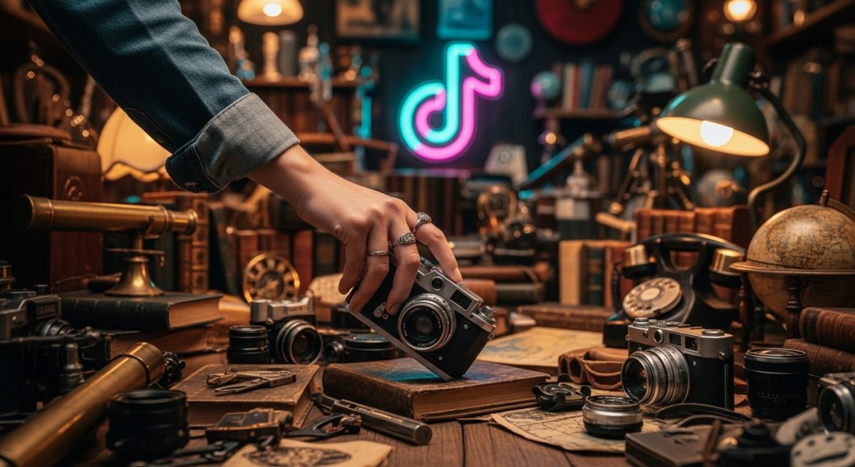 Mano recogiendo una cámara vintage en un mercado de antigüedades
