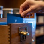 Mano sacando tarjeta azul de catálogo antiguo con logo de LinkedIn