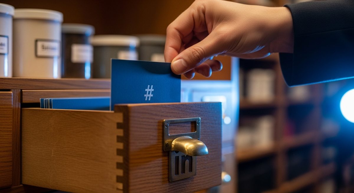 Mano sacando tarjeta azul de catálogo antiguo con logo de LinkedIn