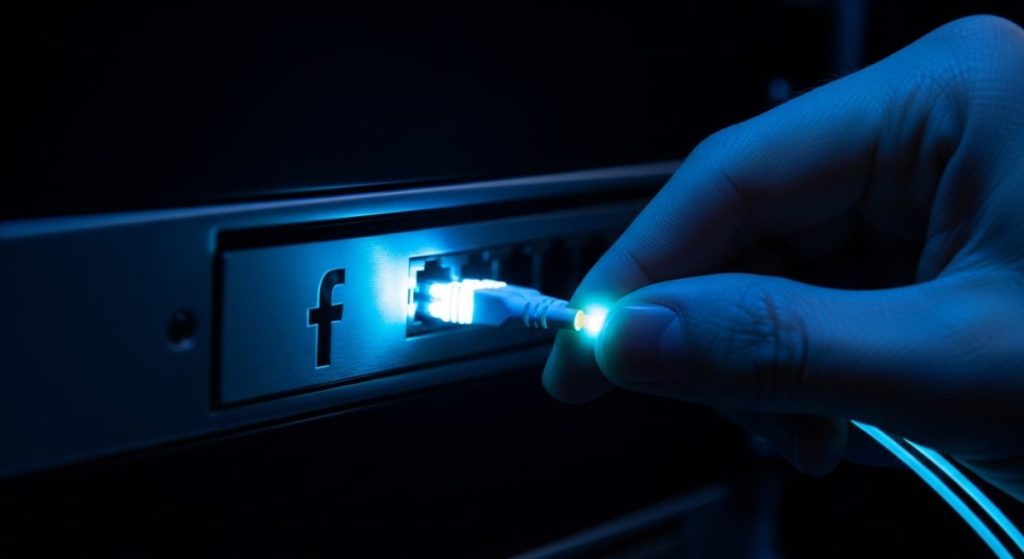 Mano sacando un cable de fibra óptica brillante de servidor con logo de Facebook