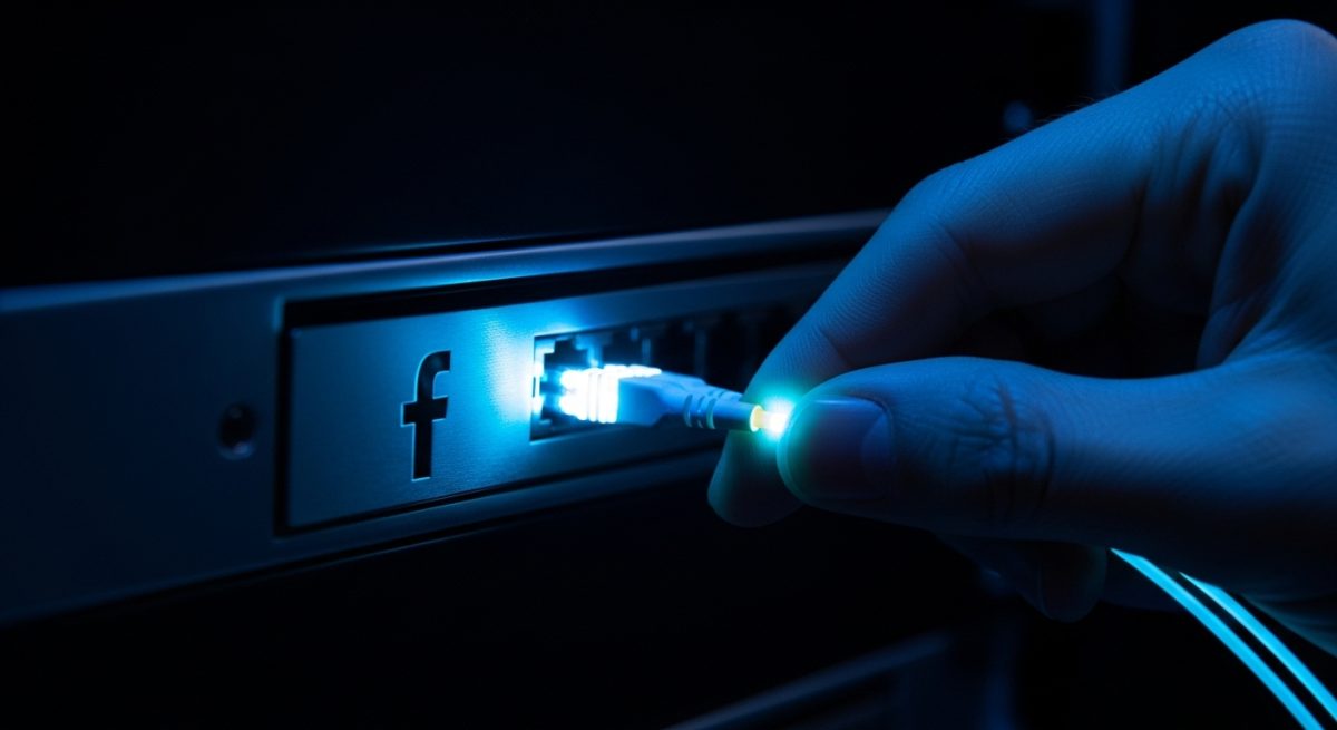 Mano sacando un cable de fibra óptica brillante de servidor con logo de Facebook