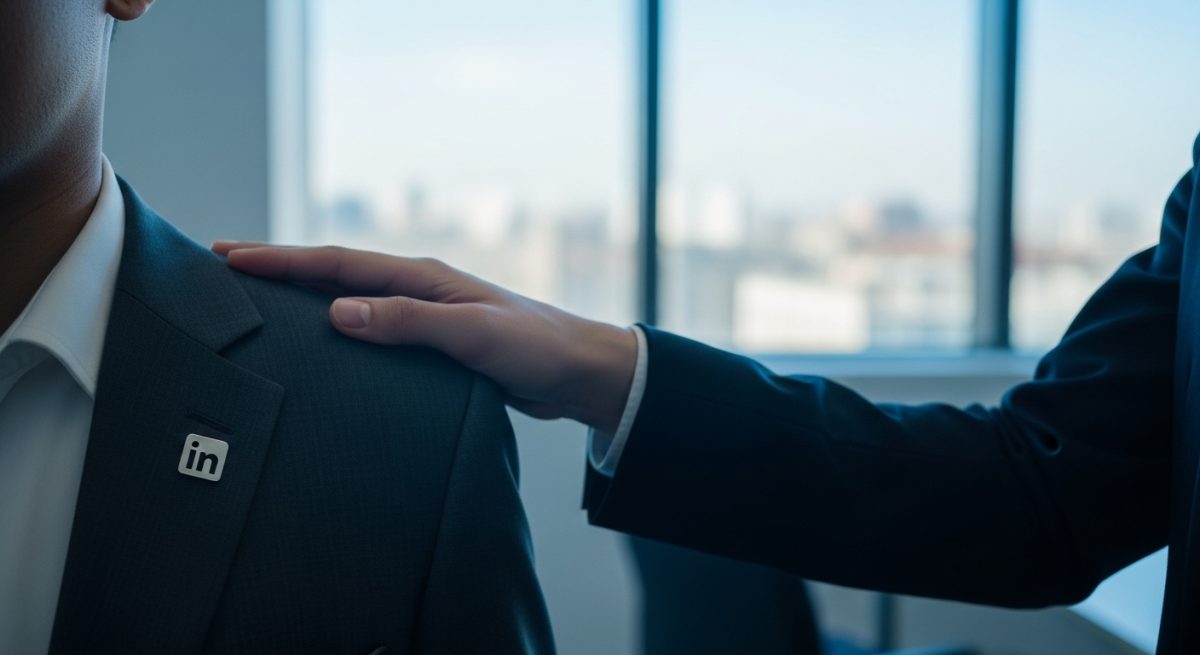 Mano sobre el hombro de un colega en oficina moderna