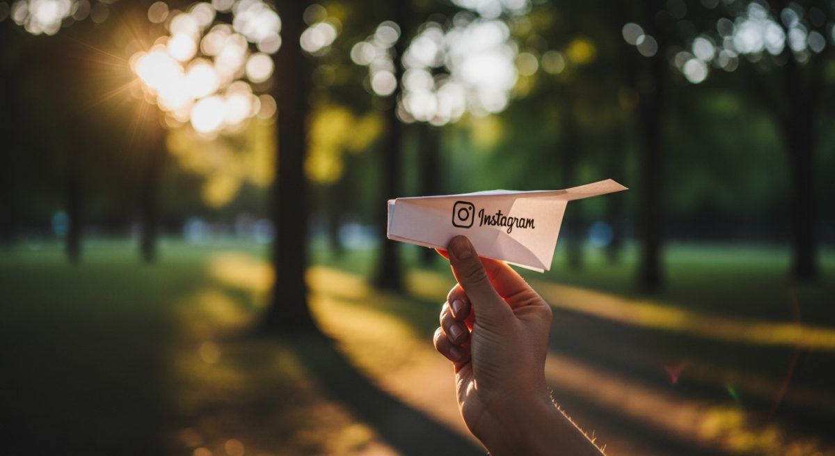 Mano soltando un avión de papel con logo de Instagram en parque sereno