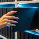 Mano sosteniendo caja negra con logo de LinkedIn en biblioteca minimalista