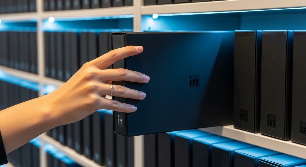 Mano sosteniendo caja negra con logo de LinkedIn en biblioteca minimalista
