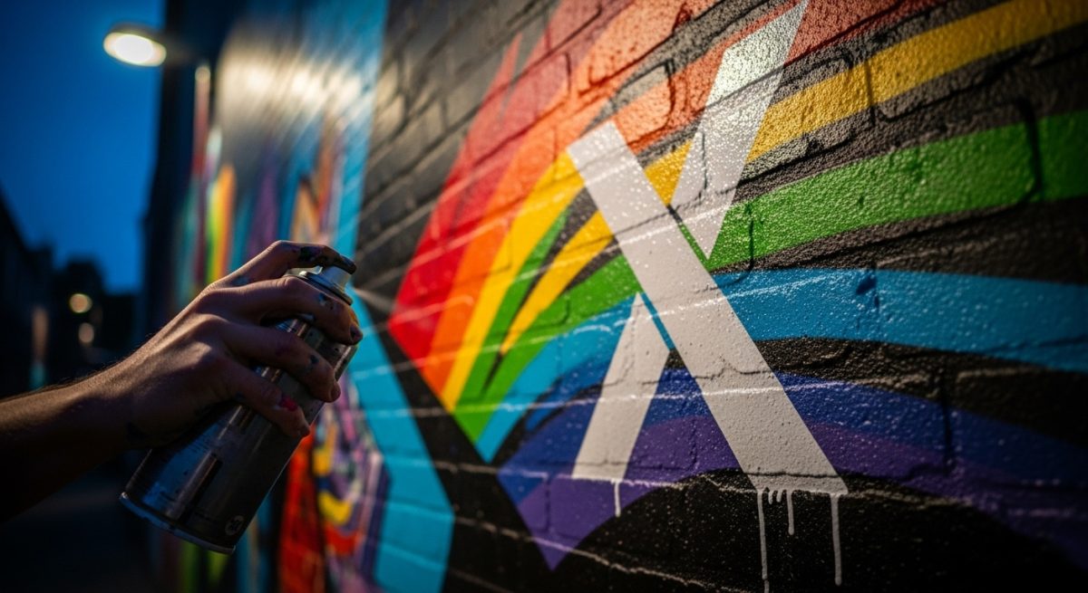 Mano sosteniendo spray pintando un logo X blanco en mural