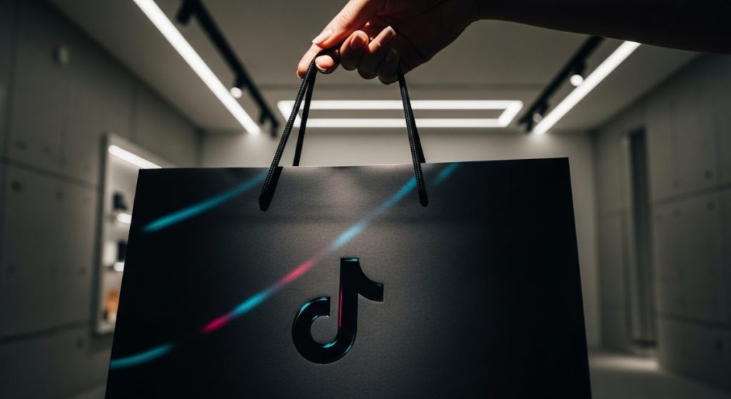 Mano sosteniendo una bolsa de papel negra con logo de TikTok