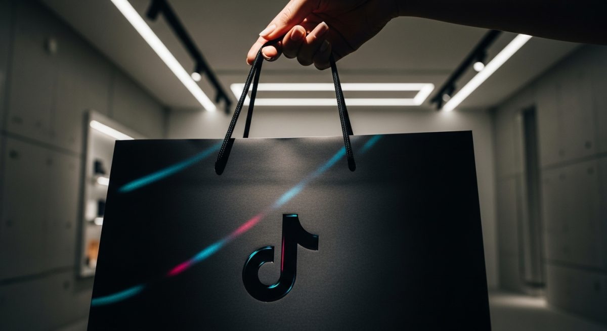 Mano sosteniendo una bolsa de papel negra con logo de TikTok