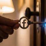 Mano sosteniendo una llave vintage con forma de logo de Facebook
