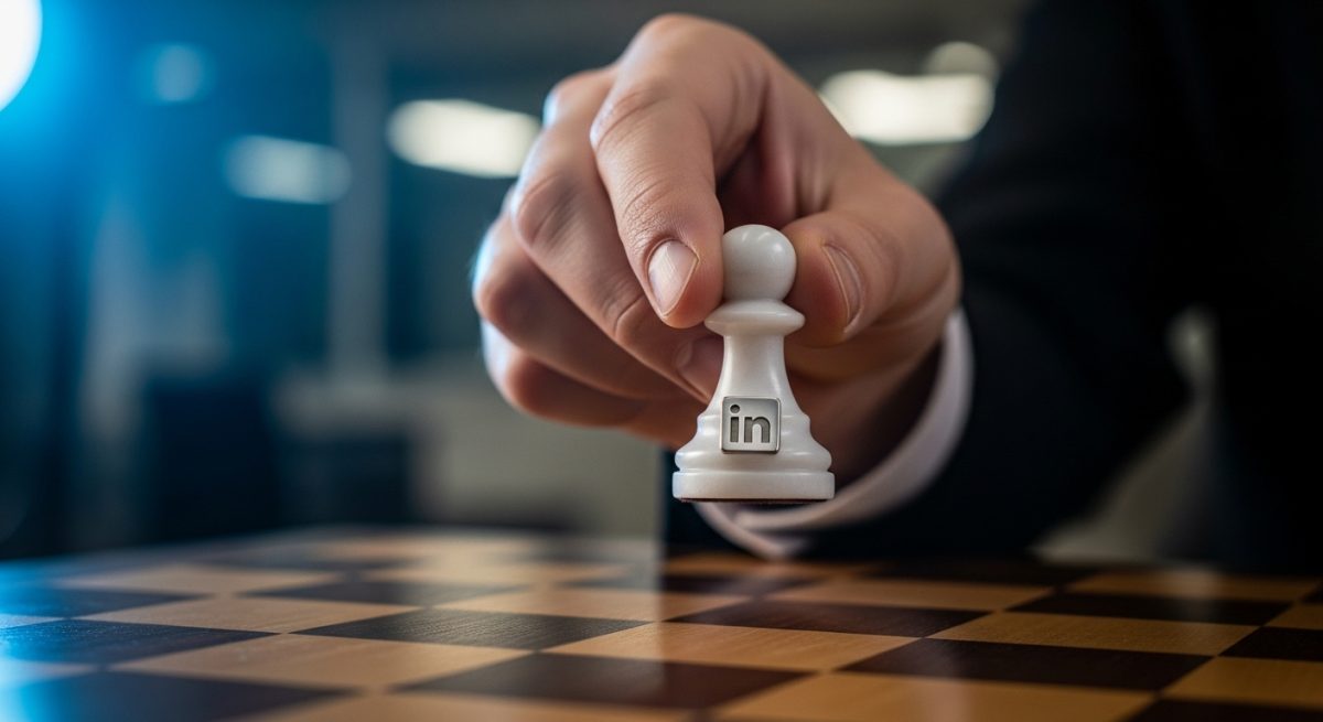 Mano sosteniendo una pieza de ajedrez blanca con logo de LinkedIn