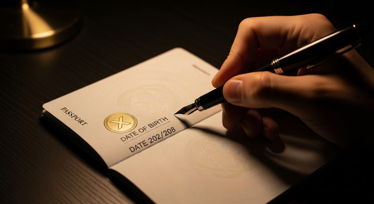 Mano utilizando una pluma para corregir fecha en pasaporte moderno